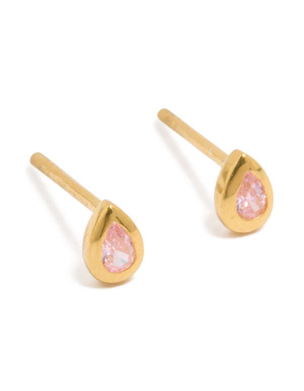 Beautifully crafted gold plated sterling silver cubic zirconia teardrop stud earrings featuring light pink stones front view