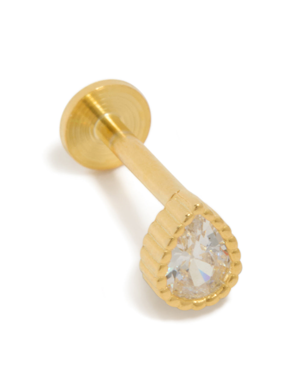 Showcasing a dainty pear cut cubic zirconia stud with gold plated sterling silver and flat back closure front view