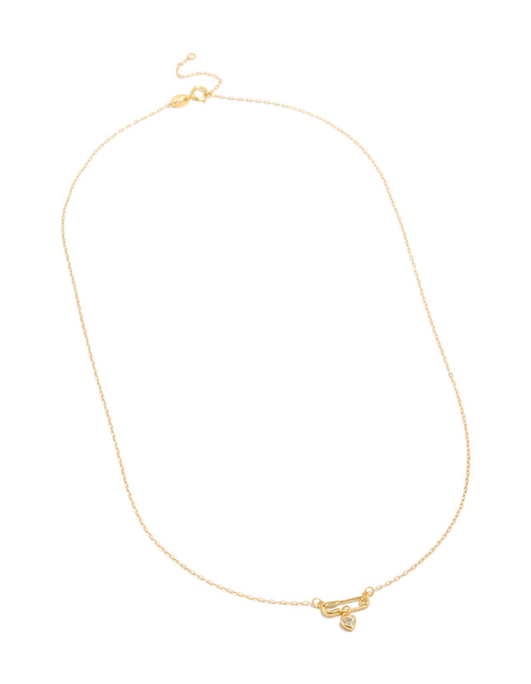 Crafted from gold plated sterling silver, this cubic zirconia safety pin necklace features heart front view