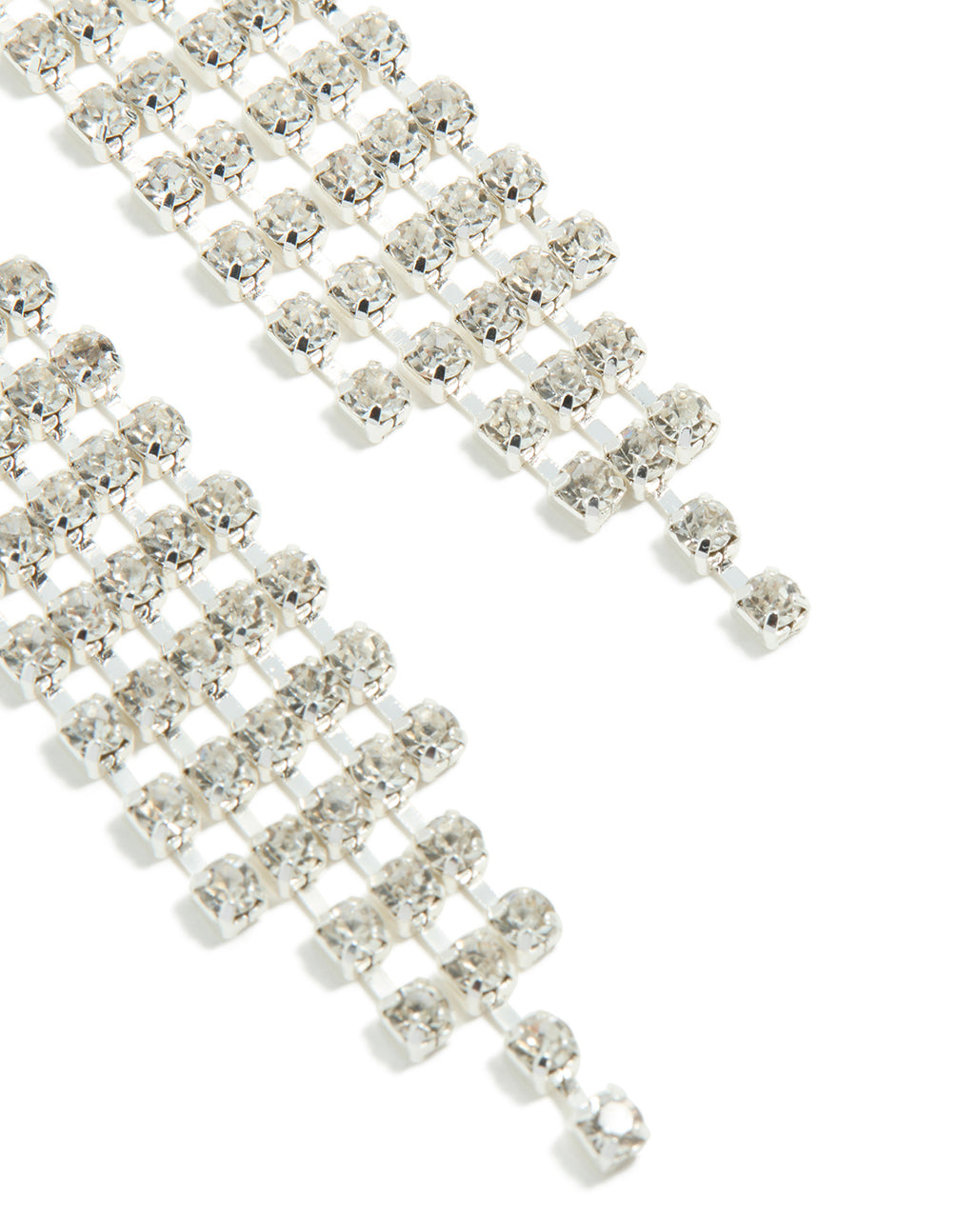 Highlighting silver diamante sparkling stud drop earrings featuring tassel details in clear post detail view