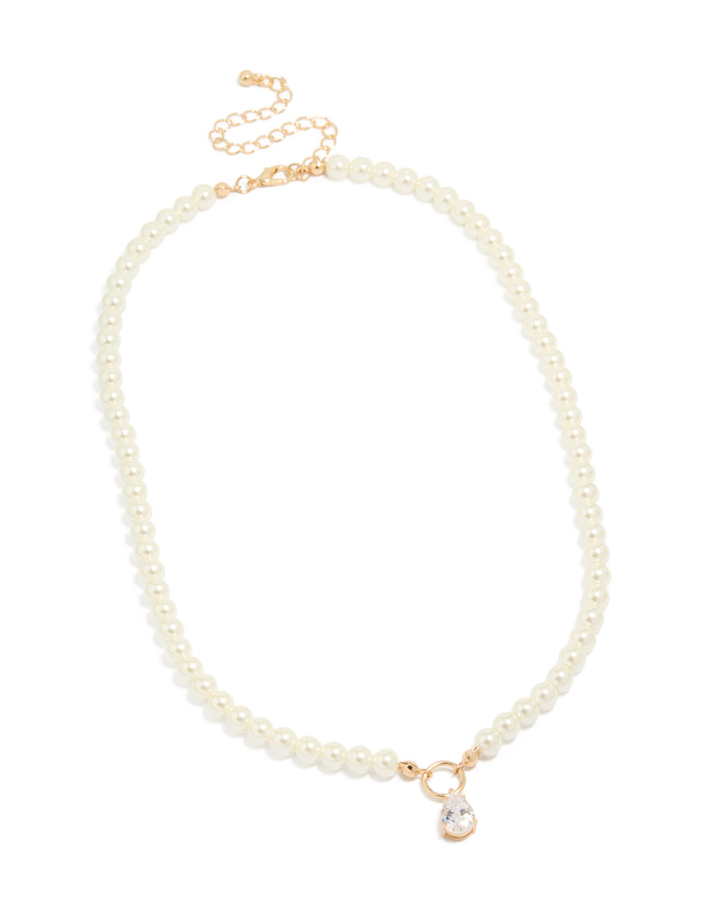 Featuring a gold cubic zirconia dainty pearl pendant necklace in a front view