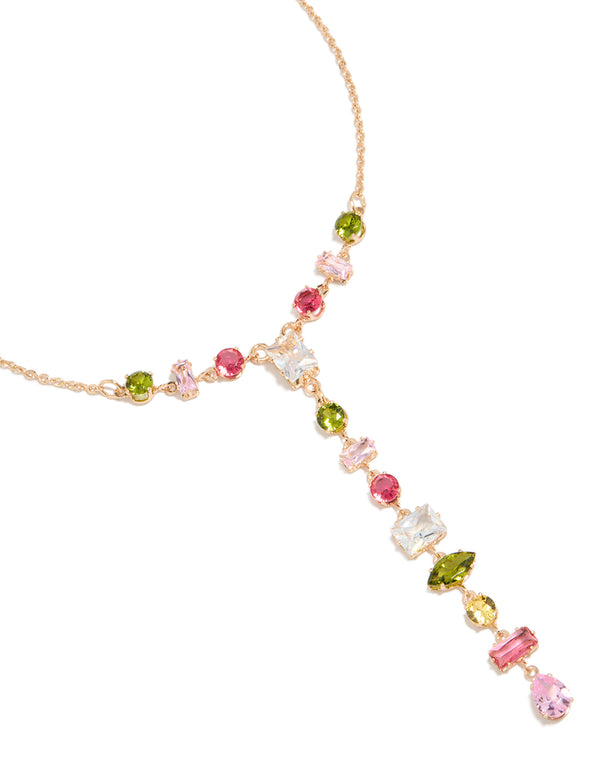 Showcasing a cubic zirconia mismatched colourful stones necklace in gold close up view