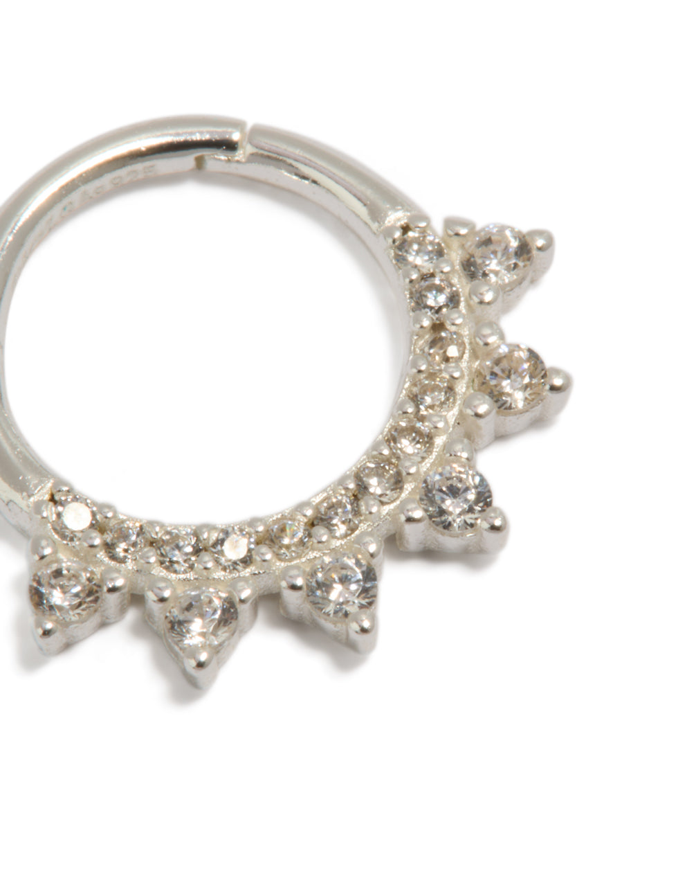 Exquisite sterling silver cubic zirconia spike clicker ring with statement detail view