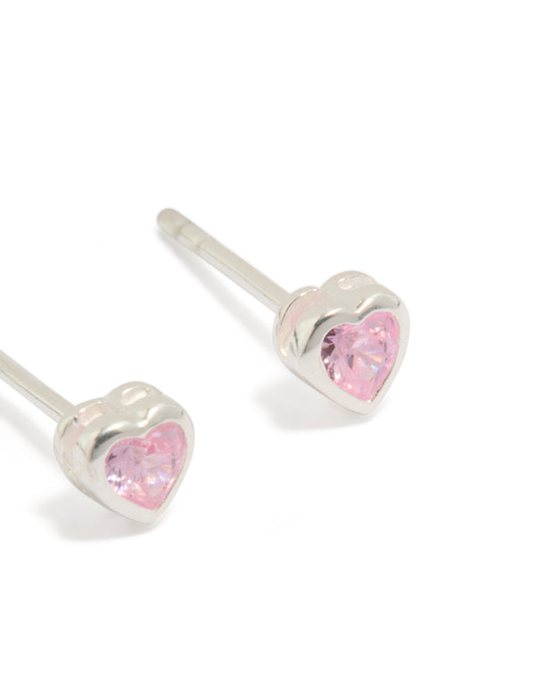 Featuring sterling silver pink cubic zirconia heart earrings post detail view
