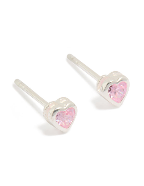 Showcasing sterling silver pink cubic zirconia heart earrings front view