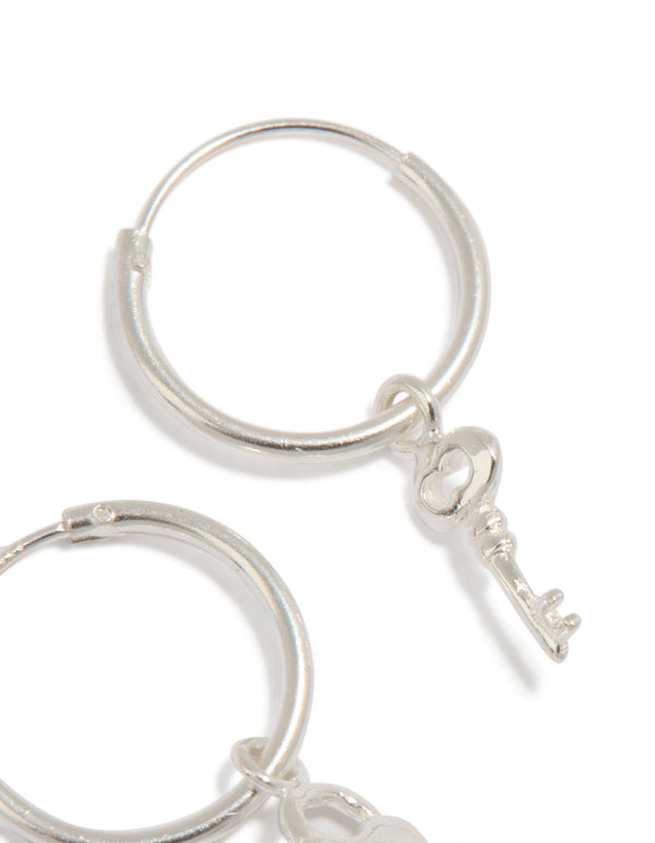 Sterling Silver Heart & Key Hoop Earrings