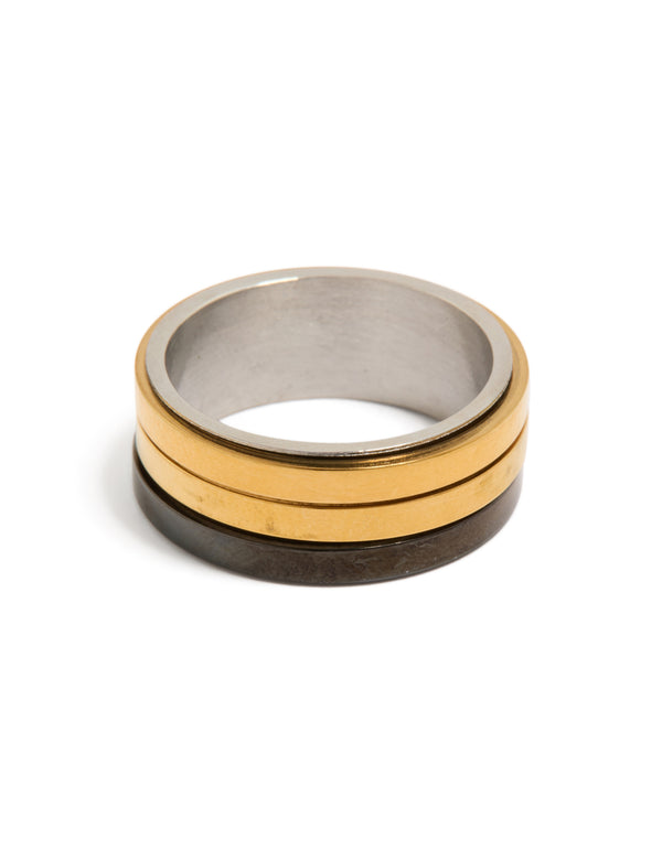 Showcasing a mens waterproof band ring crafted from gold plated and black coated stainless steel in silver tones front view