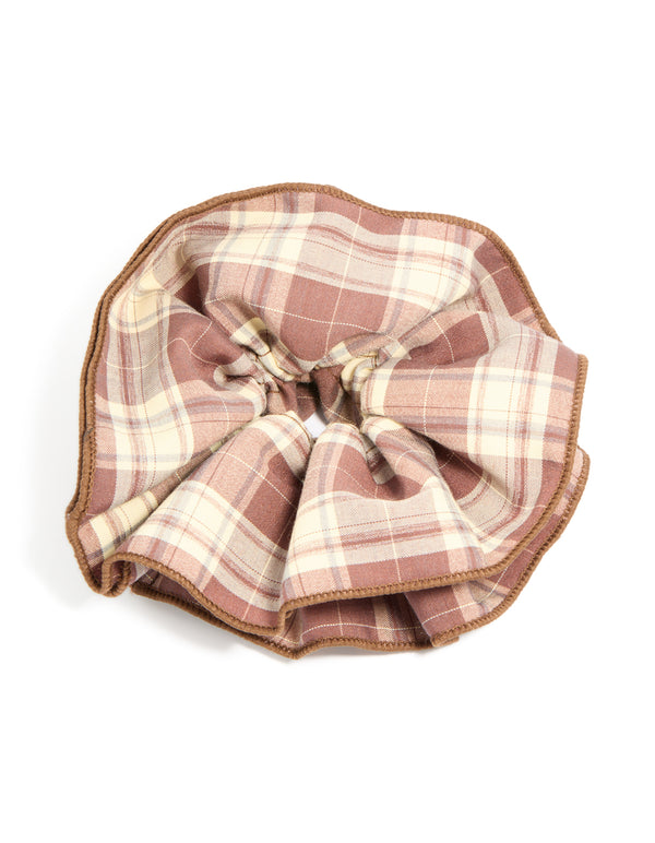 Beautifully crafted ruffled checkered fabric scrunchie featuring statement style in rosy brown, burlywood, tan, and ivory front view