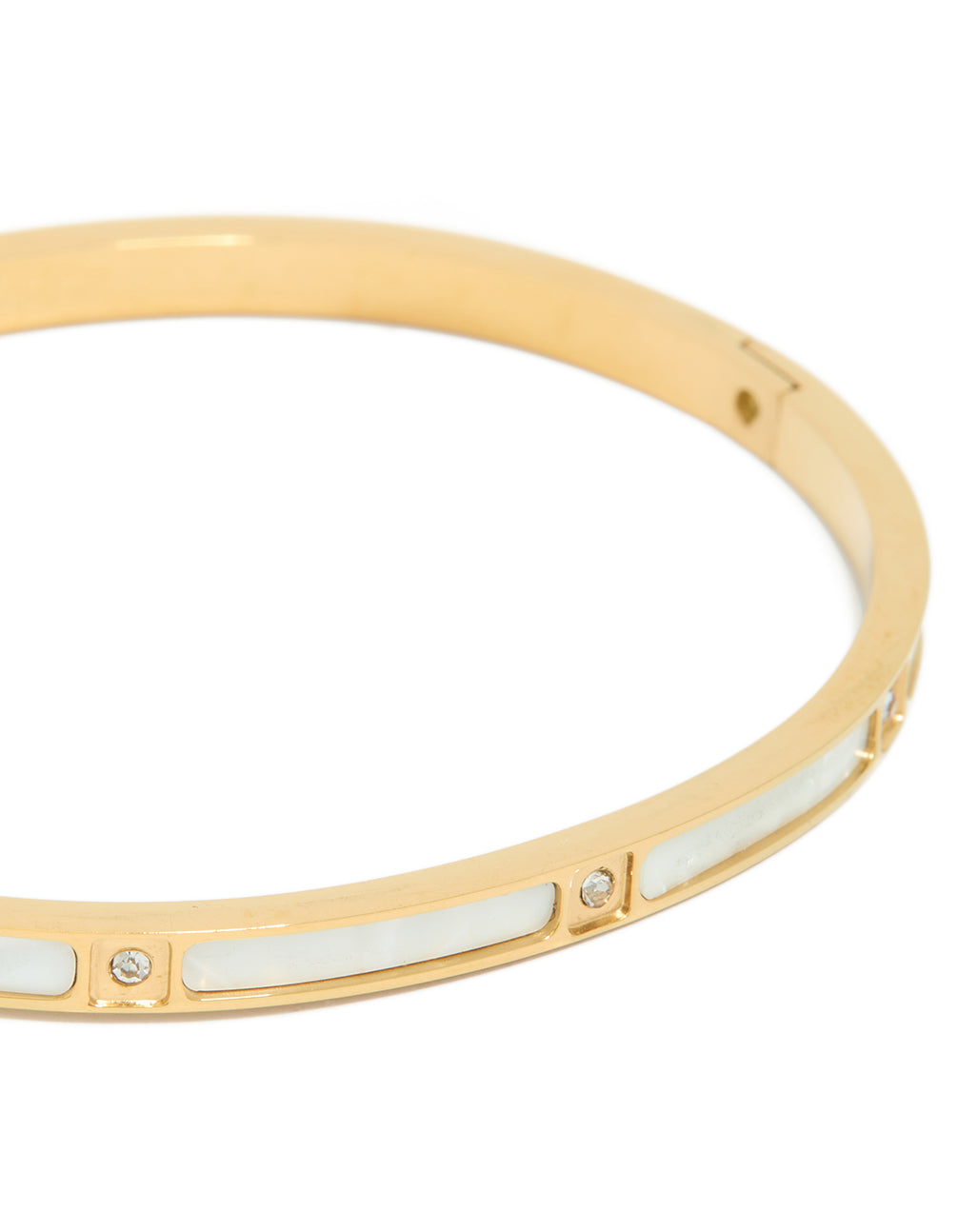 Designed with waterproof gold plated stainless steel and cubic zirconia inlay, this hinged bangle features white enamel close up view