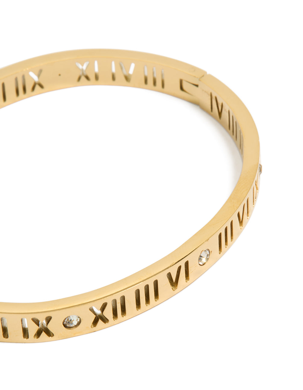 Crafted from waterproof gold plated stainless steel with engraved roman numerals and cubic zirconia embellishments close up view