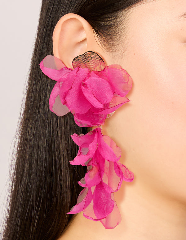 Hot Pink Fabric Flower Drop Earrings