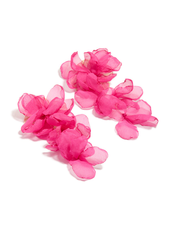 Showcasing hot pink fabric flower drop earrings with statement design front view