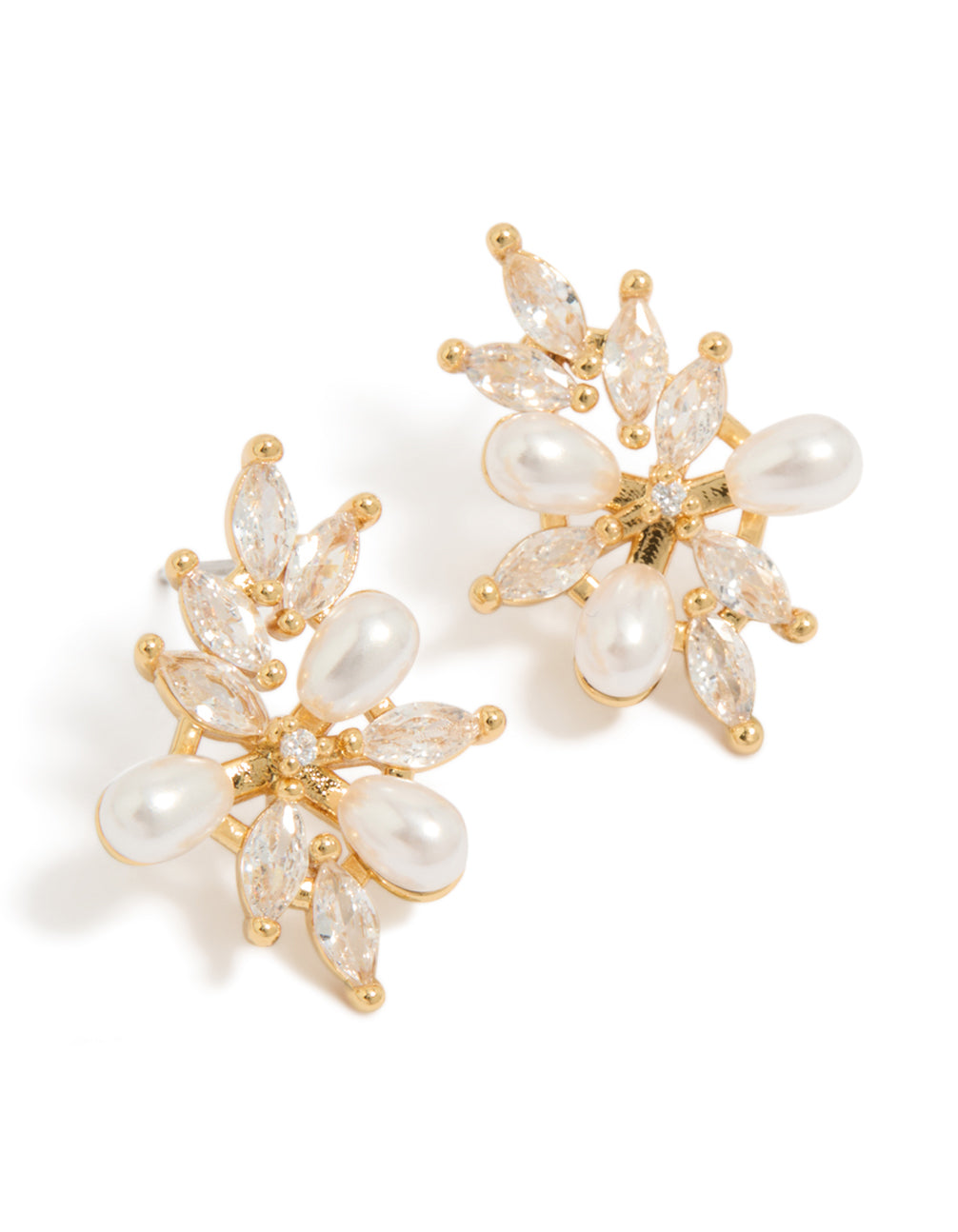Beautifully designed gold plated cubic zirconia organic flower and pearl earrings with statement style front view