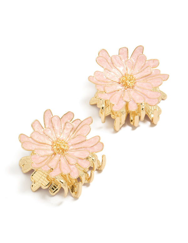Charming floral enamel pink daisy claw clips accents in a 2-pack, crafted from gold-toned material detail view