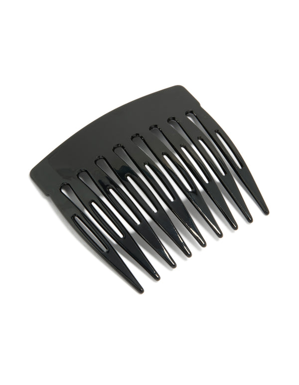 Showcasing a solid black basic acrylic large hair comb side view
