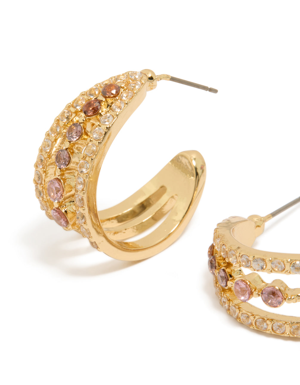 Presenting gold plated cubic zirconia triple hoop medium earrings close up view