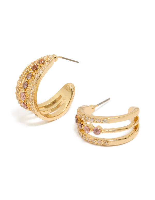 Showcasing gold plated cubic zirconia triple hoop medium earrings with hoop closure front view