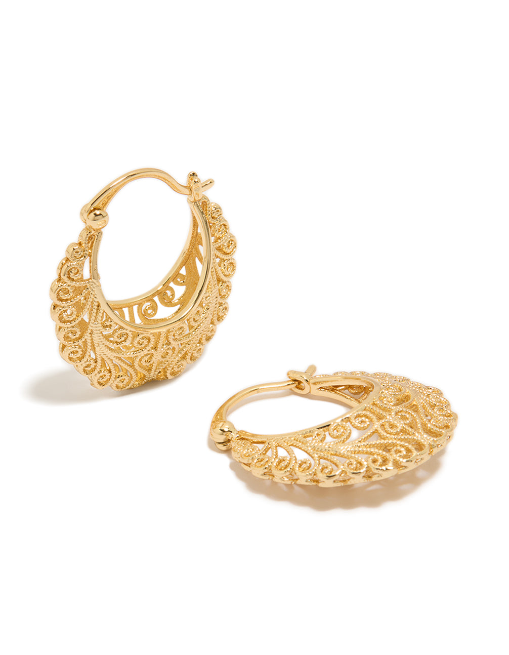 Showcasing gold plated boho patterned hoop earrings front view