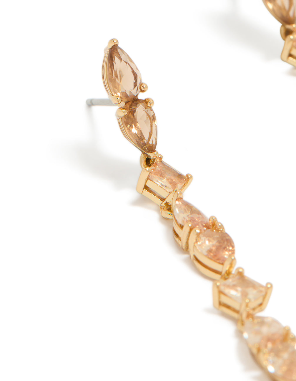 Beautifully crafted gold plated cognac cubic zirconia multi shaped drop earrings in statement style close up view