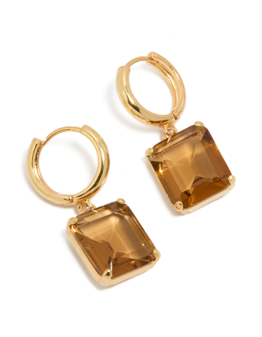 Showcasing gold plated large square cognac cubic zirconia drop earrings with statement style front view