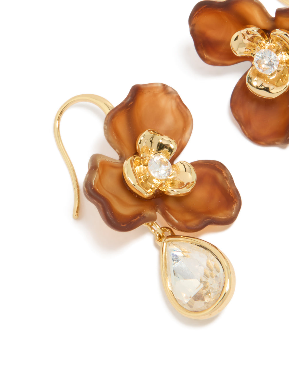 Gold Plated Cubic Zirconia Cognac Acrylic Statement Earrings