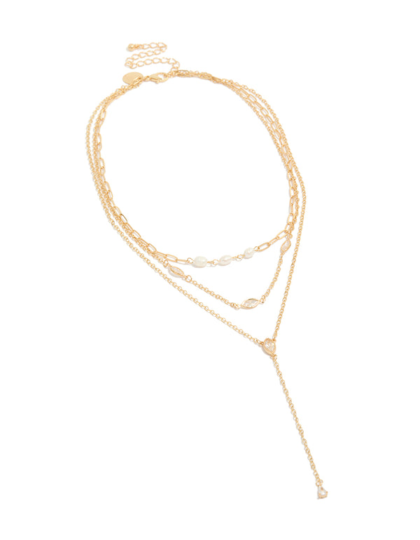 Featuring a gold plated cubic zirconia and freshwater pearl triple layered Y-necklace in dainty style front view