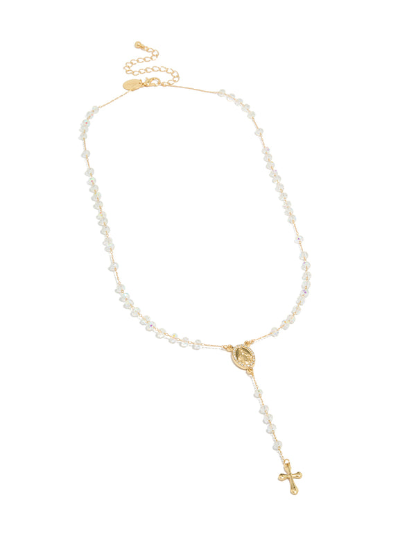 Featuring a beaded rosary necklace with cross accents, crafted from diamante in gold plated material front view