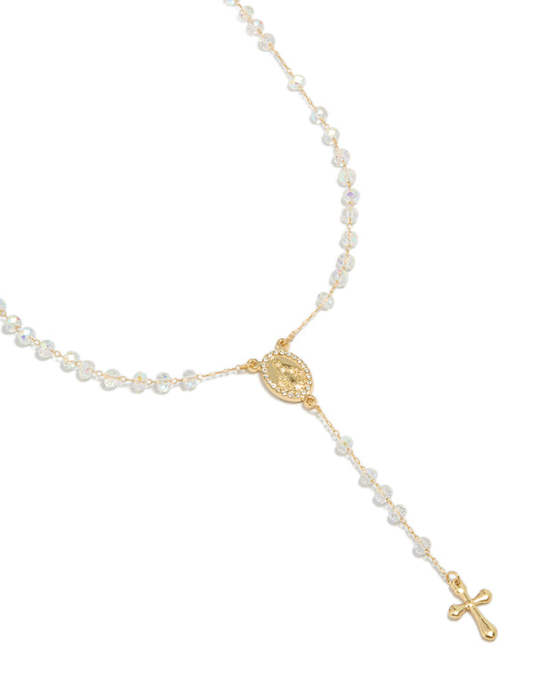 Showcasing a beaded rosary necklace with cross details, crafted from diamante in gold plated material close up view