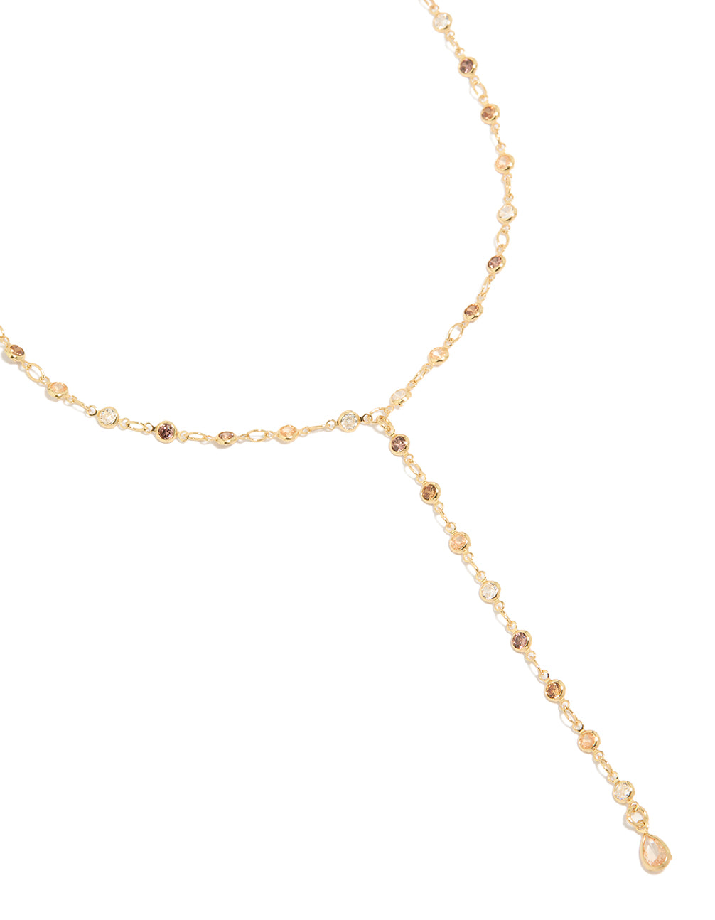 Discover this gold plated multicoloured cubic zirconia circle detailed charms Y-necklace featuring dainty pendant in a front view