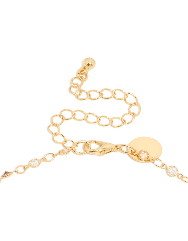 Displaying gold plated multicoloured cubic zirconia circle detailed Y-necklace with dainty style clasp detail view