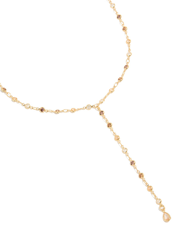 Showcasing a gold plated multicoloured cubic zirconia circle detailed Y-necklace dainty style close up view