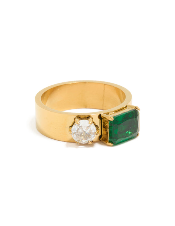 Showcasing a waterproof gold plated stainless steel thick band ring featuring clear and green cubic zirconia in a statement style front view
