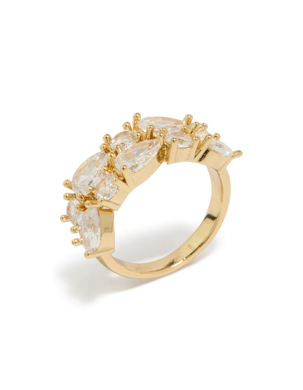 Elegant gold plated statement ring with pear cut cubic zirconia stones side detail view