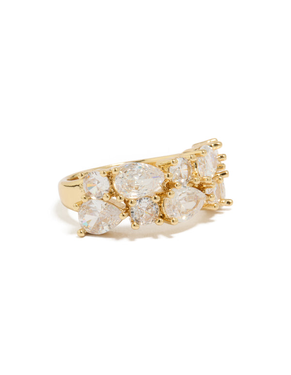 Showcasing a gold plated statement ring featuring pear cut cubic zirconia stones front view
