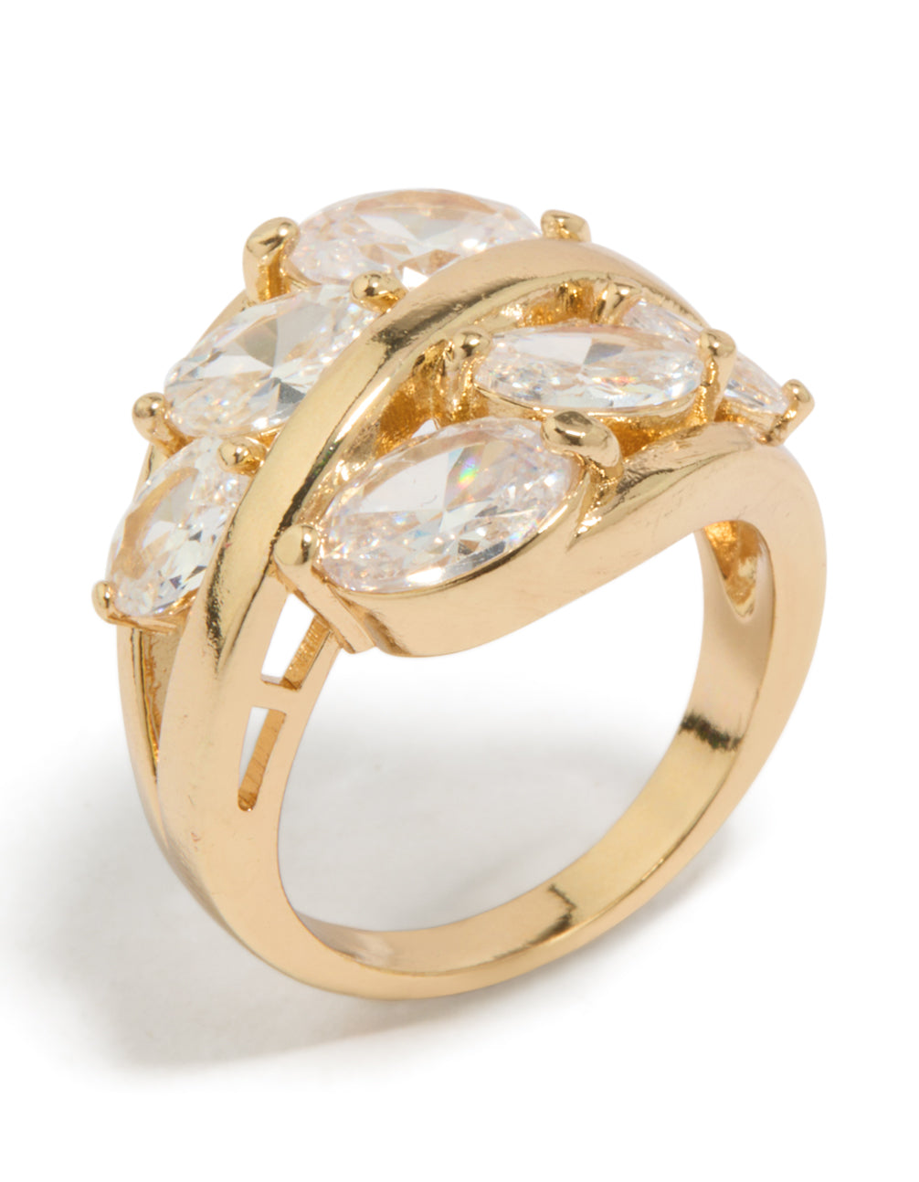 Crafted from gold plated material this cubic zirconia oval clusters layered ring features statement styling side detail view