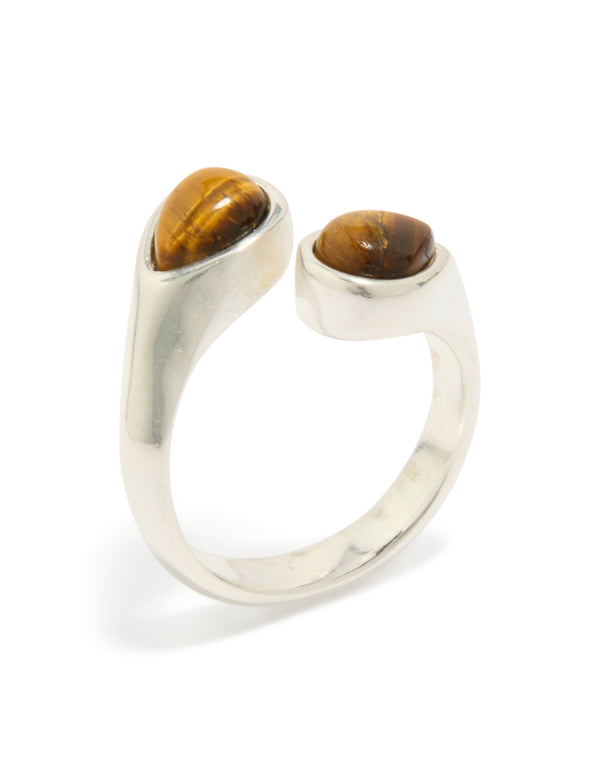 Featuring a waterproof stainless steel double tigers eye ring in gold and silver front view