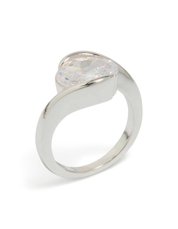 Featuring a silver plated cubic zirconia large round swivel ring with statement design front view
