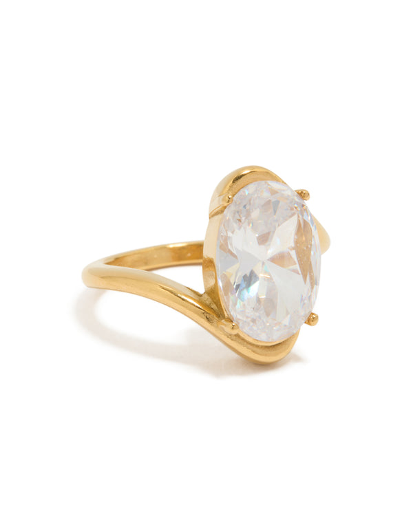 Waterproof Gold Plated Stainless Steel Large Oval Cubic Zirconia Swivel Ring