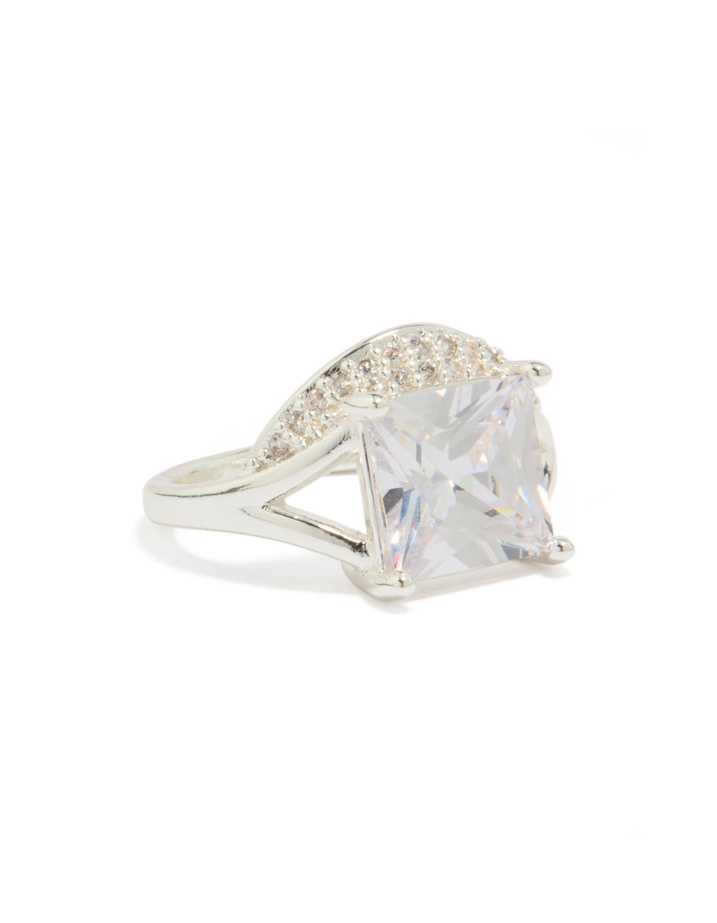 Showcasing a statement ring crafted from cubic zirconia with pavé set clear stones in a square design front view