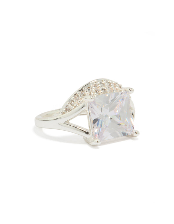 Elegant square pavé set cubic zirconia ring crafted from statement material in clear side detail view