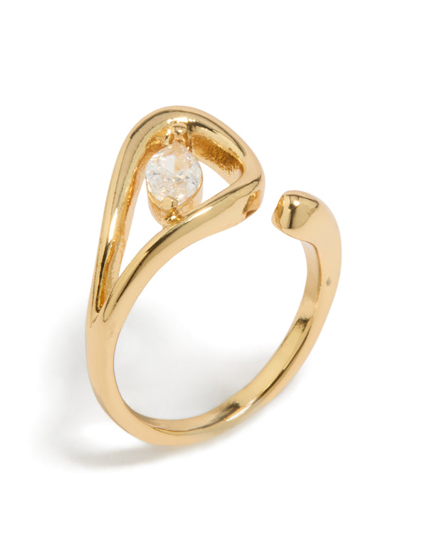 Featuring a gold plated cubic zirconia abstract wrap ring with statement design side detail view