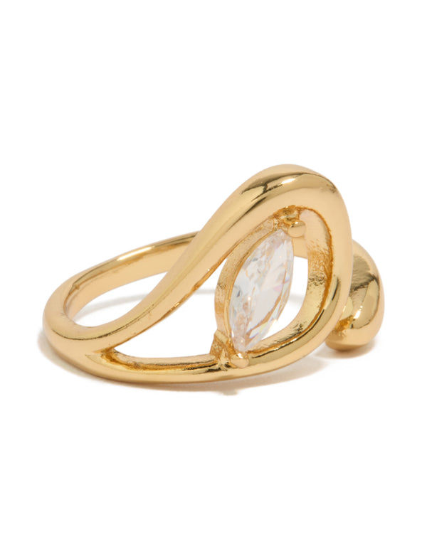Showcasing a gold plated cubic zirconia abstract wrap ring in statement style front view