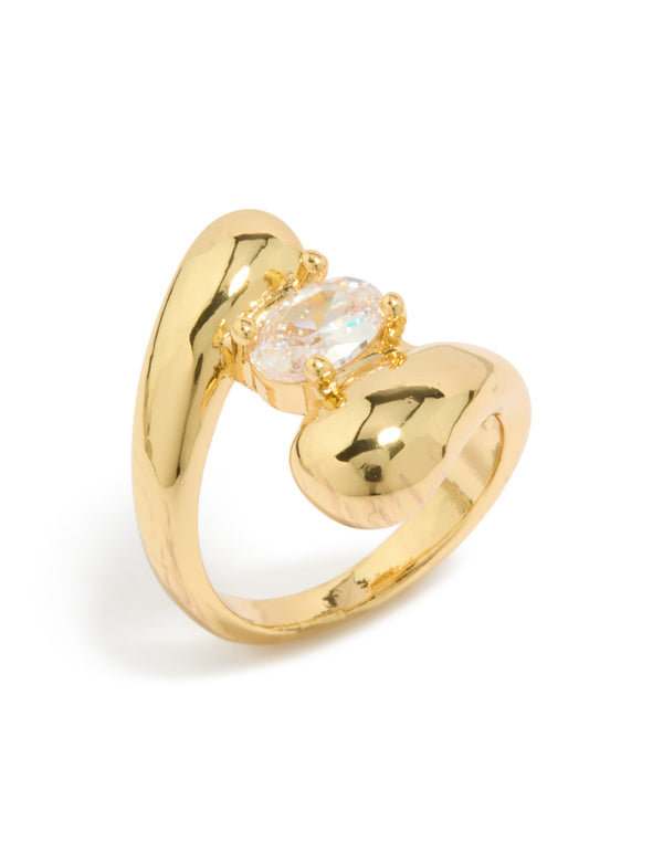 Crafted from plated material, this statement puffy wrap ring features cubic zirconia in clear side detail view