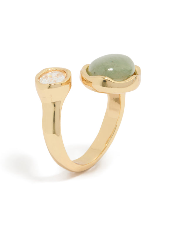 Featuring a gold plated cubic zirconia and green stone chunky wrap ring in statement style side detail view
