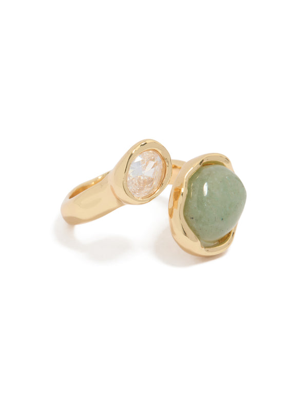 Showcasing a gold plated cubic zirconia and green stone chunky wrap ring in statement style front view