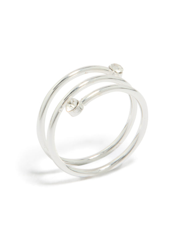 Crafted from waterproof stainless steel diamante coil ring in silver with clear accents side detail view