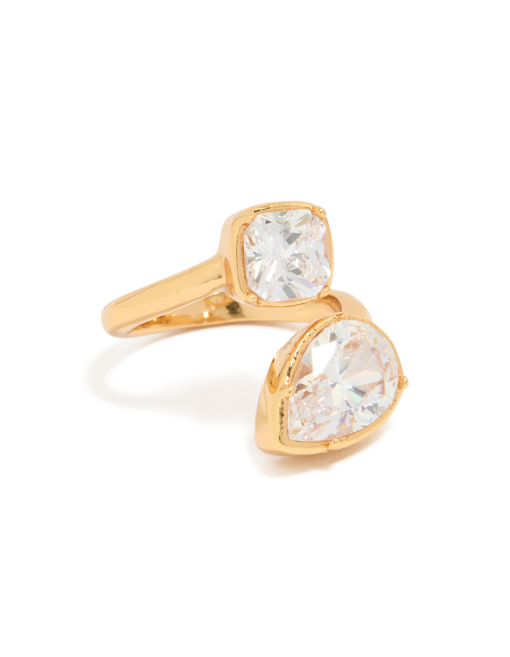 Crafted from waterproof gold plated stainless steel, this double cubic zirconia wrap ring showcases clear sparkle in a front view