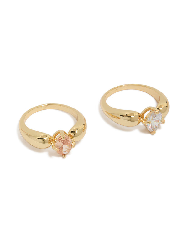 Gold Plated Cubic Zirconia Clear & Orange Puffy Rings 2-Pack