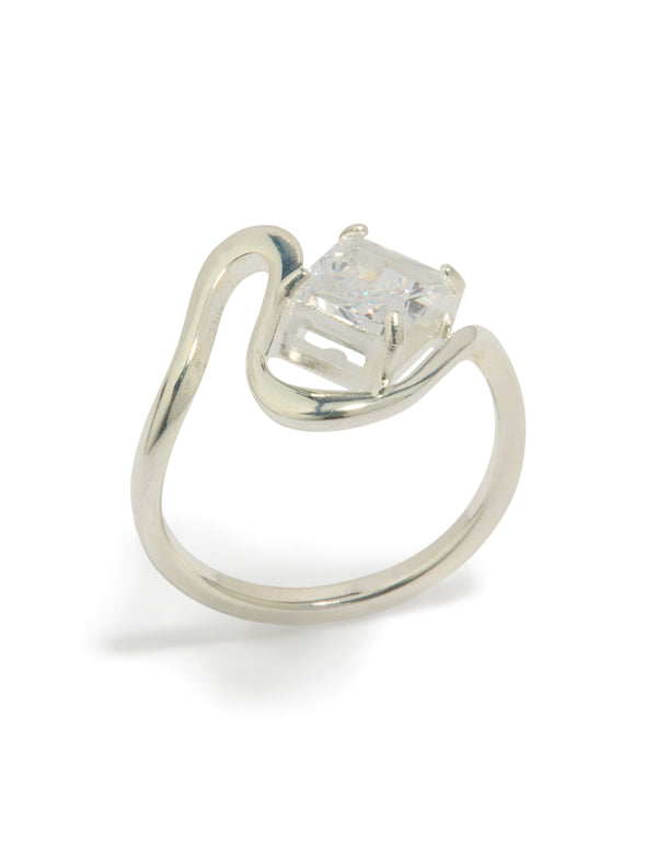 Designed with waterproof stainless steel wavy cubic zirconia statement ring in silver side detail view