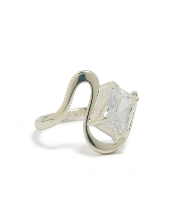 Showcasing a waterproof stainless steel wavy cubic zirconia statement ring in silver front view